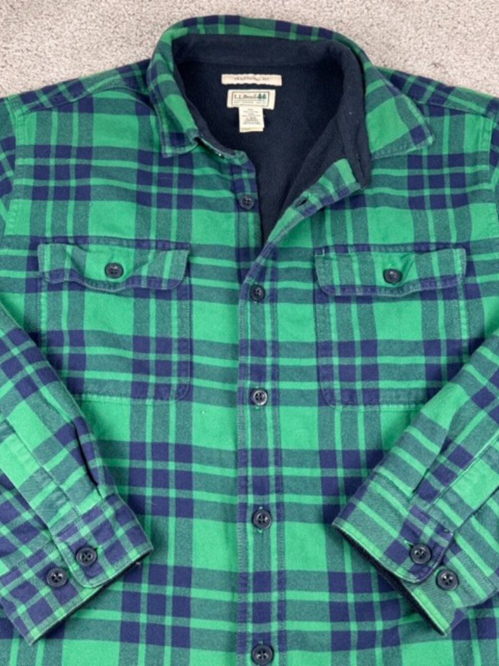 L.L. Bean Shirt Jacket Mens L Green Blue Check Plaid Cotton Flannel Fleece Lined